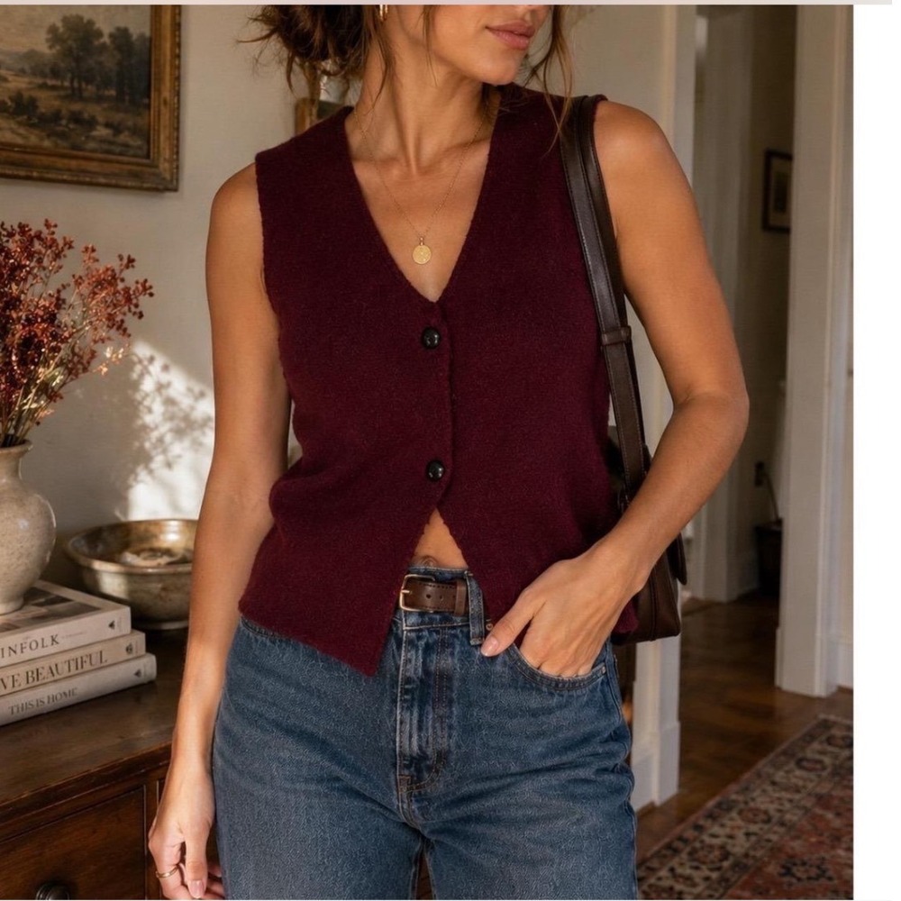 Jason Wu Sweater Vest Women L Burgundy Red V-Neck Two Button Knit